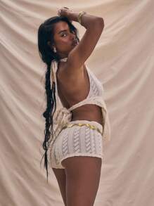 MUSERA 纹理针织露背领超低胸镂空圆环细节垂坠上衣节日狂欢伊比沙岛西部外出上衣