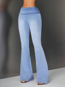 SHEIN ICON Women's Folded Waist Flare Casual Versatile Denim Pants