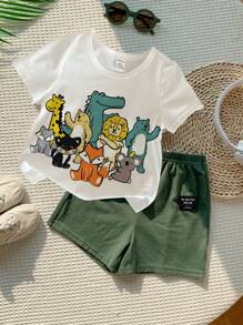 Baby Boy Casual Minimalist Cartoon Print Short Sleeve Shorts Set, Suitable For Summer