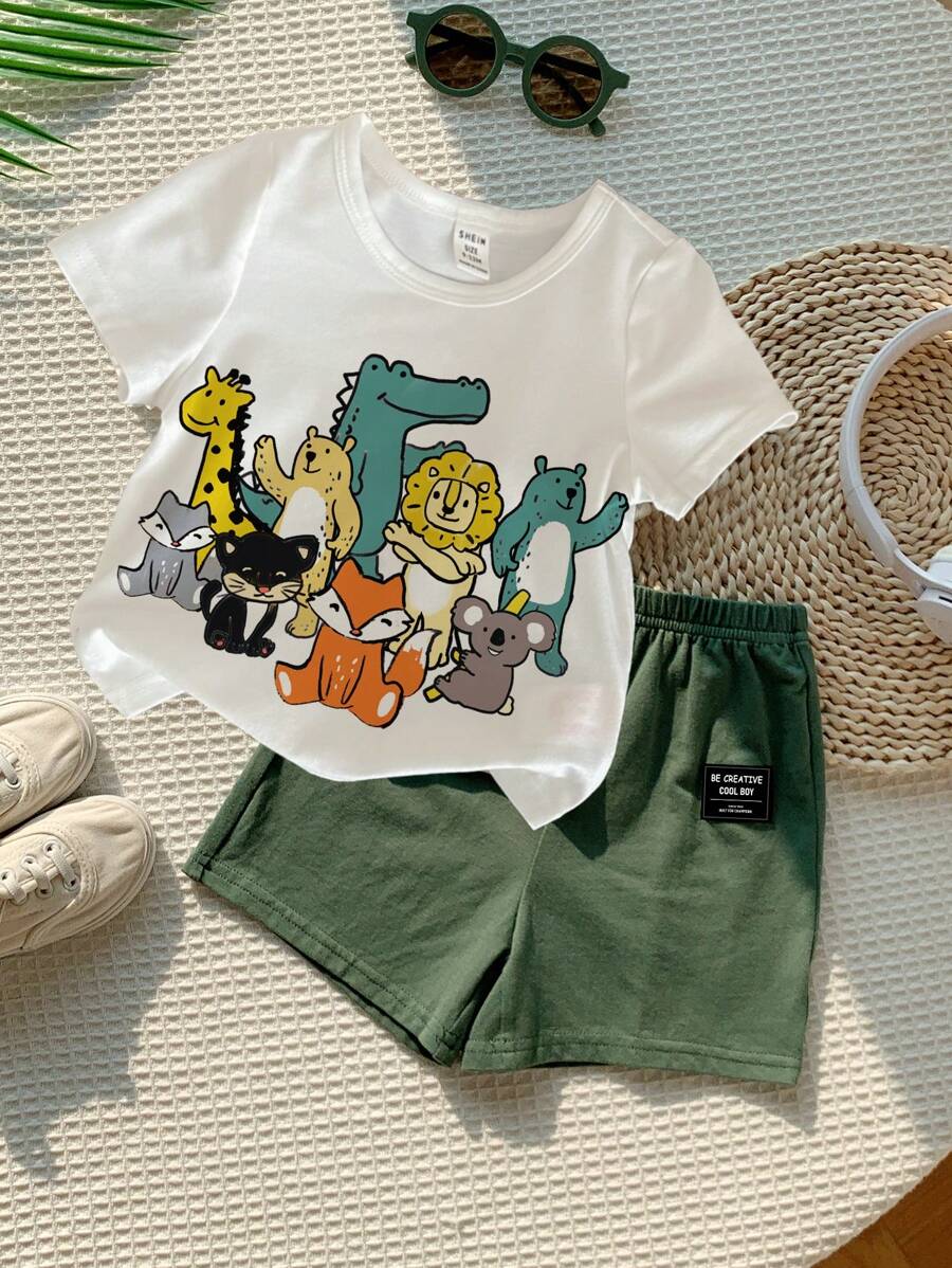 Baby Boy Casual Minimalist Cartoon Print Short Sleeve Shorts Set, Suitable For Summer