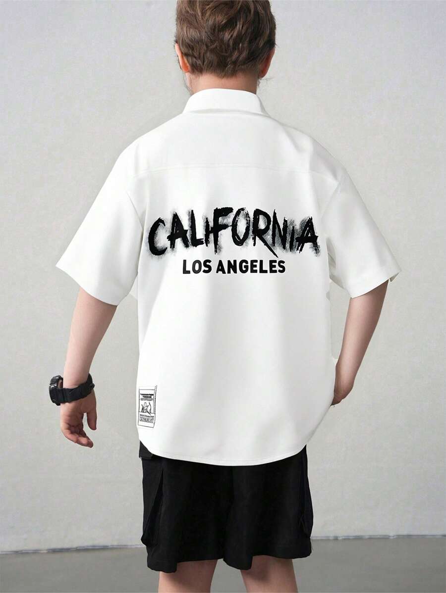 SHEIN Set de 2 bucăți Tween Boy, cămașă și pantaloni cargo, lejer - alb - Vizualizare 1