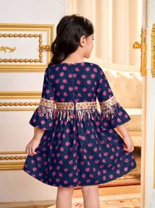 SHEIN 年轻女孩编织碎花V领流苏修身连衣裙 - 藍色 - 查看 7