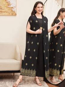 SHEIN Teen Girl Eid Al-Adha, National Day, Ramadan Luxury , Glamorous, Vintage/Boho, Festival, Elegant, Foil Print Shawl Jacket And Jumpsuit Set - Black - View 5