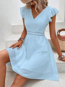 Chiquease Women's V-Neck Contrast Lace Short Dress With Cap Sleeves - Blue - View 4