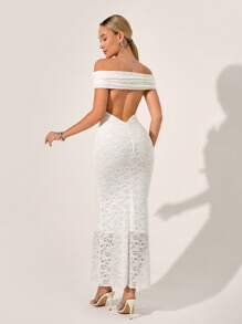 SHEIN Clasi Damen Blumen-Spitze Off-Shoulder Slim Fit Elegantes Kleid - Weiss - Übersicht 6