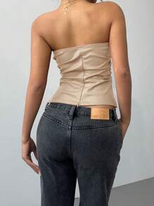 SHEIN Essnce 新年和情人节女士勃艮第皮革上衣时尚褶皱不对称下摆抹胸，适合外出和派对上衣，新年女装 - 杏色 - 查看 2