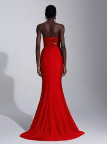 SHEIN Belle Elegant And Gorgeous Red Elastic Sequins Stitching Elastic Knitted Handmade Three-Dimensional Flower Embellishment Sailboat Collar Tube Fishtail Dress, Suitable For Dating Single Party Ceremony Formal Occasion Dinner Dress, Wedding Guest Dress, Evening Dress, Gown - Red - View 3