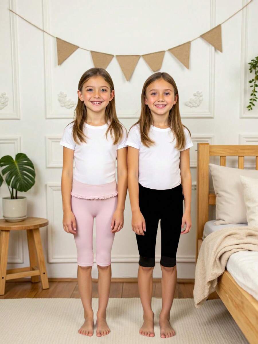 Conjunto de pantalón y camiseta para niñas preadolescentes de unicolor con parches y volantes, en negro y rosa