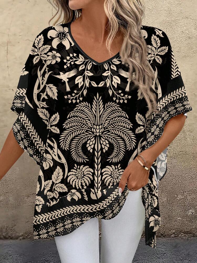 Women's Casual Minimalist V-Neck Loose Spliced Shirt, Suitable For Summer