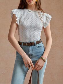 Écloséra Elegant White Round Neck Cap Sleeve Back Hollow Floral Lace Patchwork Bodysuit For Women, Spring/Summer - White - View 5