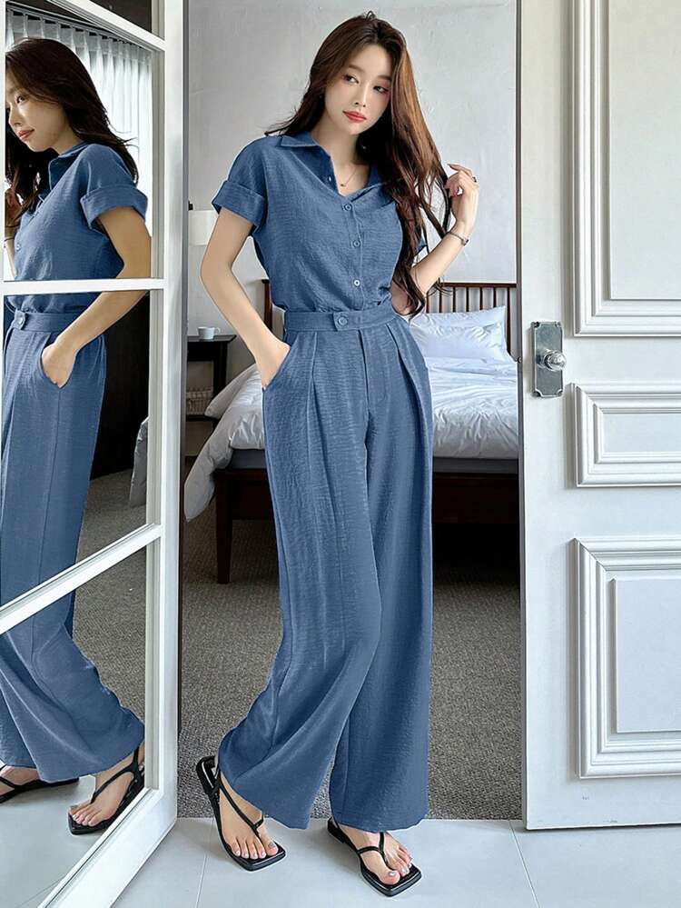 2 Pieces Set Women Solid Color Shirt And Wide Leg Pants