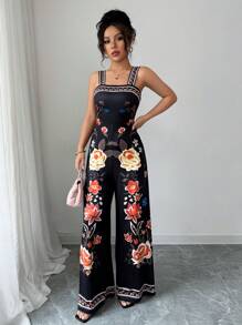 Elenzga 女士度假花卉印花阔腿连体裤 - 黑色 - 查看 3
