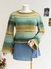 Soleia Sweater Rajut Bulu Imitasi Lengan Lonceng Leher Bulat Jala Gradien Ukuran Besar untuk Wanita, Musim Gugur/Musim Dingin, Gaya Resort - MultiWarna - View 1