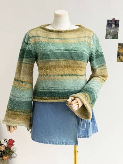 Soleia Áo len dệt kim cổ tròn tay loe lưới chuyển màu cỡ lớn cho nữ, mùa thu/đông nghỉ dưỡng