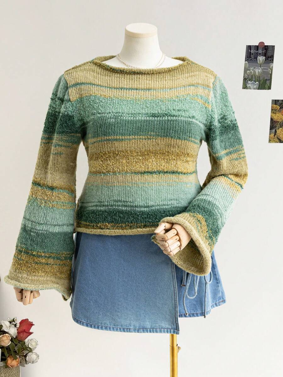 Soleia Sweater Rajut Bulu Imitasi Lengan Lonceng Leher Bulat Jala Gradien Ukuran Besar untuk Wanita, Musim Gugur/Musim Dingin, Gaya Resort - MultiWarna - View 1