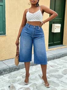 SHEIN PETITE CURVE Quần jean ống rộng lửng 3/4 màu xanh dương cỡ lớn dành cho nữ, thích hợp cho mùa hè, kỳ nghỉ, lễ Phục sinh, mùa xuân, phong cách miền Tây, công sở, tiệc tùng, tiệc mừng em bé, phong cách đồng quê, phong cách quý tộc cổ điển, đi chơi, lễ hội, rodeo, sân bay. - Màu xanh lam - Xem 8