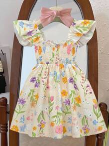 Souflis Souflis Vestido de princesa con estampado de conejos y flores, con mangas cortas, para niñas - Nuevas llegadas de primavera/verano para niñas