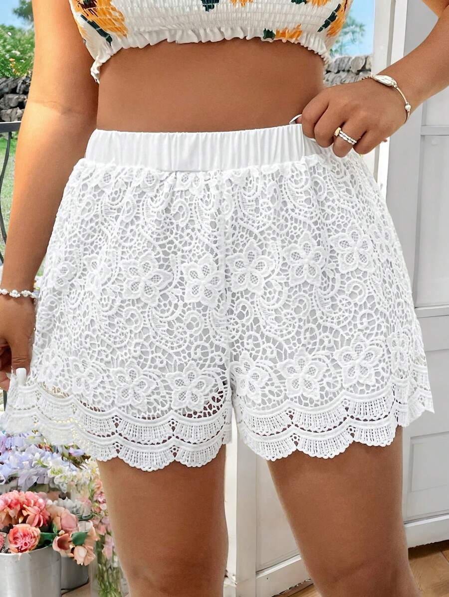 SHEIN Clasi Plus Size Lace Trim Hollow Out Vacation Shorts - White - View 1