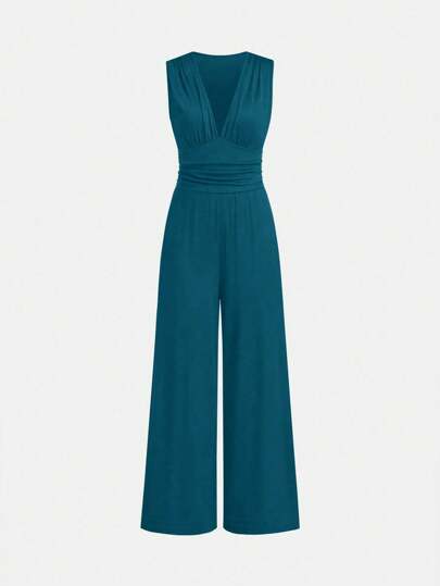 SHEIN Clasi Women's Solid Color Deep V Neck Ruffle Sleeveless Wide Leg Jumpsuit