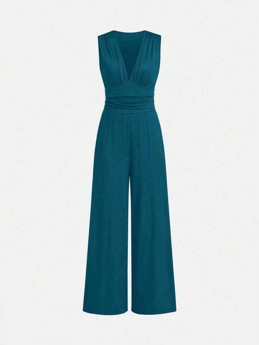SHEIN Clasi Women's Solid Color Deep V Neck Ruffle Sleeveless Wide Leg Jumpsuit - Blue - View 1