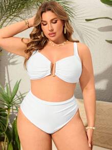 Swim Chiccia 2pcs Plus Size Women Solid Color Textured Fabric Spaghetti Strap Ruched Split Swimwear Set, Casual Beach Pool Wear - White - View 6