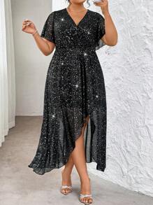 SHEIN Clasi Plus Size Gold Foil Net Ruffled Sleeve Dress, Elegant Party Wear, Spring/Summer - Black - View 5