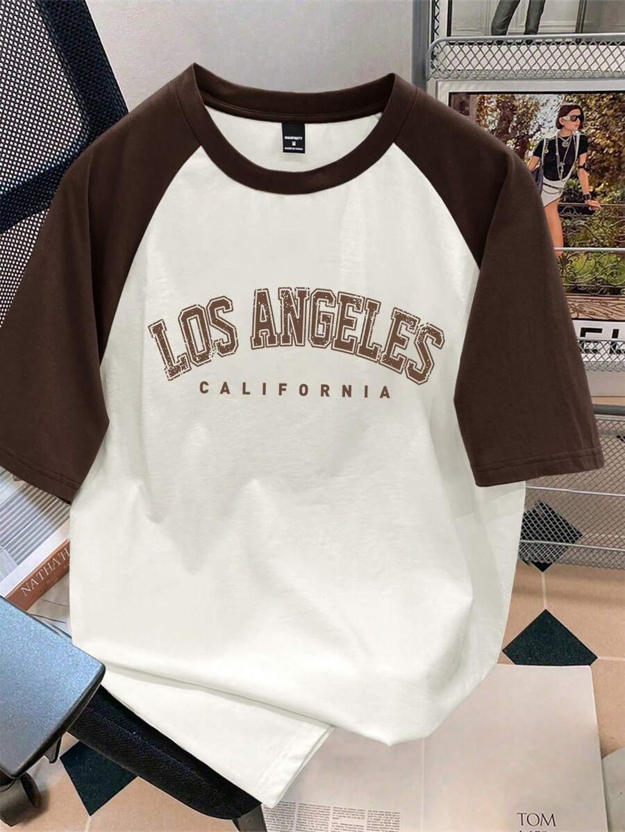 Claim Dot 成人男式常规款棕色插肩袖字母图案 T 恤 - 彩色 - 查看 1