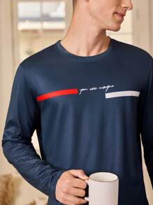 Manfinity Underwear&Sleepwear Basics Men's Long Sleeve Round Neck T-Shirt And Long Pants Pajama Set