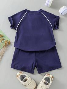 Baby Boy Toddler Sports Simple Color-Blocking Solid Color Raglan Sleeve T-Shirt And Shorts Set, Suitable For Summer - Royal Blue - View 2