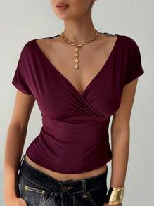 Aloruh 女士深红色 T 恤，性感蕾丝透视后背细节 - 酒紅色 - 查看 1