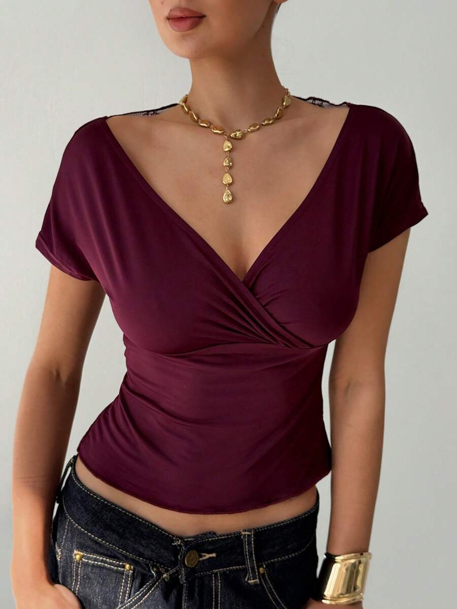 Aloruh 女士深红色 T 恤，性感蕾丝透视后背细节 - 酒紅色 - 查看 1