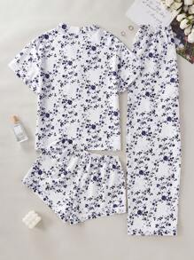 SHEIN 3pcs/Set Floral Print Ruffled Top & Shorts & Pants Home Pajamas Set Holiday Season - Blue - View 2