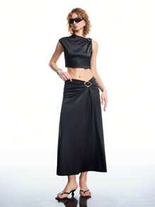 LYSMO 2025 New Arrival Summer Women's Matte Satin Asymmetrical One-Shoulder Knot Top And Knot Detail Skirt Set,Party Cloth - Black - View 1