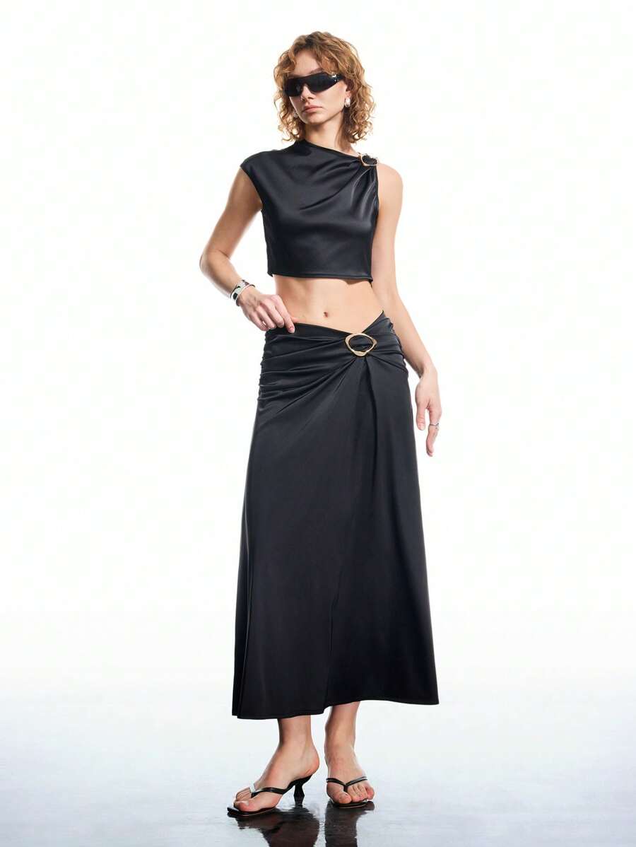 LYSMO 2025 New Arrival Summer Women's Matte Satin Asymmetrical One-Shoulder Knot Top And Knot Detail Skirt Set,Party Cloth - Black - View 1