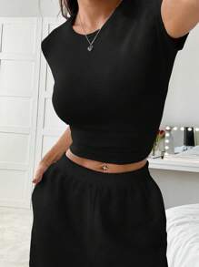 SHEIN EZwear 2 件套夏季灰色修身短袖 T 恤和宽松运动裤休闲装 - 黑色 - 查看 4