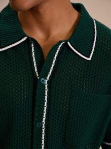 Musero Knitted Contrast Stitch Full Button Up Top - Dark Green - View 6