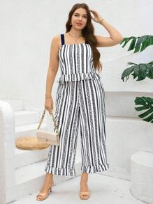 SHEIN Clasi Bộ 2 chiếc/Bộ áo hai dây in họa tiết sọc thanh lịch cỡ lớn và quần dài, Quần áo mùa hè cho nữ Bộ đồ hai mảnh cho nữ, Quần áo mùa hè cho nữ, Trang phục công sở thường ngày cho nữ, Trang phục thập niên 90, Quần rộng thùng thình, Bộ đồ công sở cho nữ, Trang phục mùa hè, Kỳ nghỉ, Trang phục công sở thường ngày cho nữ, BOHO, Khiêm tốn, Tốt nghiệp, Quần, Thích hợp cho nơi làm việc, Trà chiều, Hẹn hò, Hòa nhạc, Tiệc tùng, Phong cách đại học cổ điển - Xanh và trắng - Xem 5
