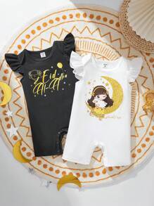 SHEIN 2 件套女婴休闲可爱宰牲节图案连帽袖连体衣，柔软舒适的针织面料，适合宝宝日常穿着、春夏季、宰牲节和休闲户外活动 - 黑與白 - 查看 1