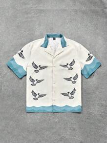 PAVTROS Camisa casual de manga corta con botones delanteros y estampado para hombre Manfinity EMRG, diseño minimalista para uso diario, camisa gráfica de vestir con botones - Multicolor - Ver 2