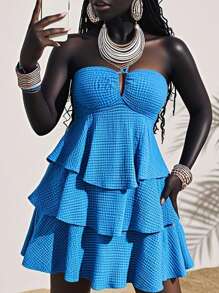 Slaydiva Women's Solid Color Halter Tie-Waist Ruffle Hem A-Line Vacation Dress - Blue - View 4