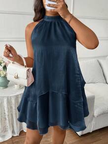 SHEIN Frenchy Plus Size Elegant Women Dresses Pearlescent Crinkled Chiffon Halter Bow Layered Cake Dress Flowy Dress