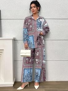 Seusyu 2pcs Women Patchwork Print Long Sleeve Shirt & Long Pants Set - Multicolor - View 6