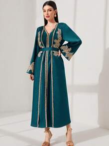 Al Najma Gorgeous & Elegant Embroidered Floral Trim Bell Sleeve Robe Abaya Dress, Modest Kaftan - Teal Blue - View 4