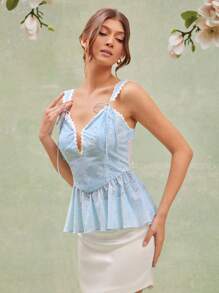 L'Amorae Elegant Pastel Blue Eyelet Tie Strap Peplum Ruffle Hem Summer Tank Top With Wavy Border Details, Easter, Summer For Women, Beach For Women - Blue and White - View 4