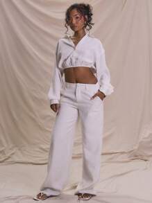 MUSERA Off-White Long Sleeve V Neck Button Up Oversized Cropped Shirt,Autumn Seksi Chic Vacation Elegant Soft Serve Beach Holiday Ibiza Back To School Fall - White - View 5
