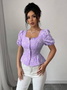 Elenzga Áo sơ mi tay giám mục cổ chữ V thời trang mới dành cho nữ, vải có họa tiết, thiết kế viền nhún bèo, đa năng khi đi làm, tụ tập và hẹn hò - Thanh lịch, trẻ trung và thon gọn - Màu tím - Xem 6