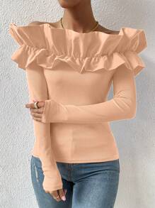 Chiquease 女士纯色荷叶边露肩长袖休闲 T 恤 - 粉色 - 查看 4