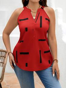 SHEIN LUNE 大码女式无袖 V 领几何线条图案领衬衫 - 紅色 - 查看 1