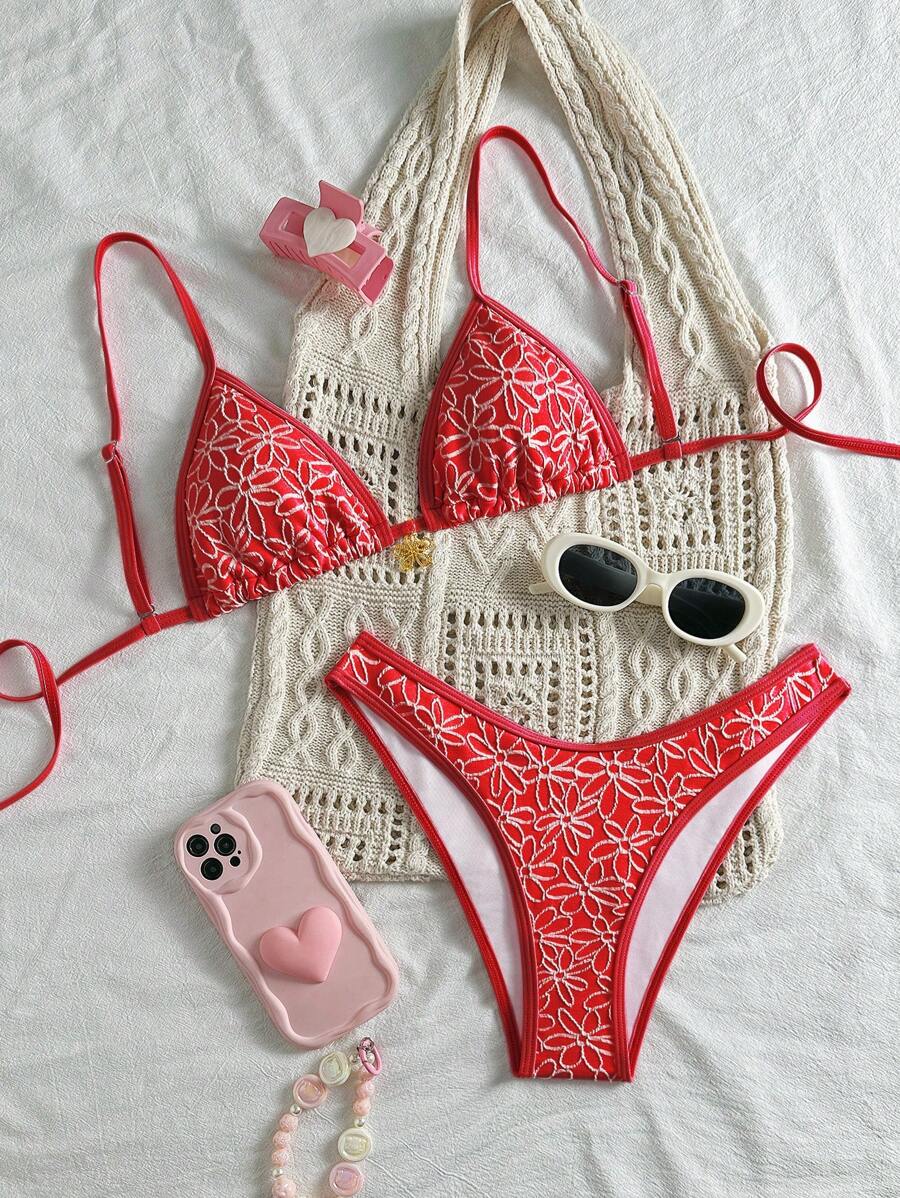 SHEIN Swim Bộ 2 món/Bộ đồ bơi nữ vải họa tiết hoa bãi biển mùa hè hoa vàng và quần bikini dây mảnh xẻ cao, đồ tắm, trang phục đi nghỉ - Đỏ - Xem 1