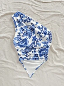 Soleia Blusa asimétrica de hombro con estampado retro de paisley en azul, ideal para vacaciones de verano